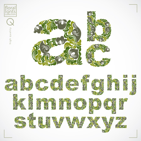 Floral font, hand-drawn vector lowercase alphabet letters decorated with botanical pattern. Green ornamental typescript, vintage design lettering.のイラスト素材