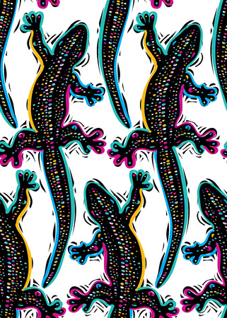 Vector reptilian seamless pattern, lizards top view continuous background. Rain forest fauna wallpaper for use in graphic design.のイラスト素材