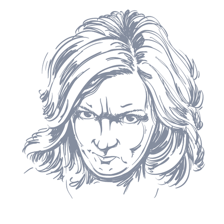 Vector portrait of angry woman with wrinkles on her forehead, illustration of good-looking but irate female. Person emotional face expression.のイラスト素材