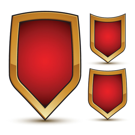 Branded glossy geometric symbols set, stylized red shield elements with golden outline, graphic design attribute, three glamorous vector icons isolated on white background.のイラスト素材