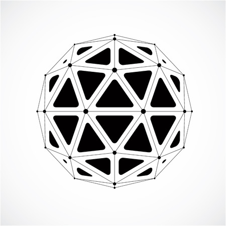 3d vector low poly spherical object with black connected lines and dots, geometric monochrome wireframe shape. Perspective orb created with triangular facets.のイラスト素材