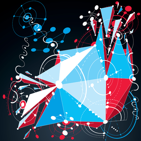 Perspective vector wallpaper created in low poly modern style and using Bauhaus abstract elements, 3d engine design made with grid, circles and connected lines.のイラスト素材