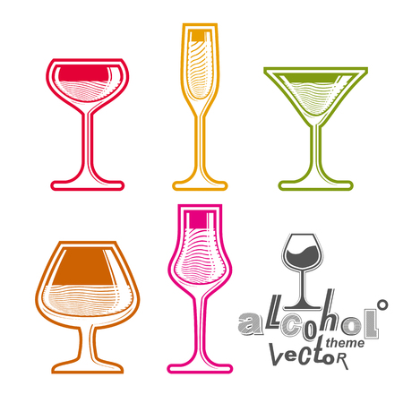 Colorful glasses collection  martini, wine, cognac, whiskey and champagne. Alcohol theme eps8 creative illustrations. Entertainment elements, best for use in graphic and web design.のイラスト素材