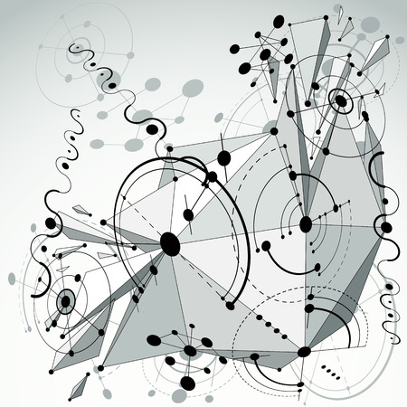 3d vector Bauhaus abstract gray background made with grid and geometric elements, circles and connected lines. Layout for business presentations and posters made with low poly wrecked objects.のイラスト素材