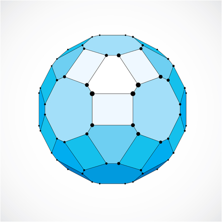 Abstract 3d faceted figure with connected black lines and dots. Vector low poly blue design element created with squares and pentagons. Cybernetic orb shape with grid and lines mesh.のイラスト素材