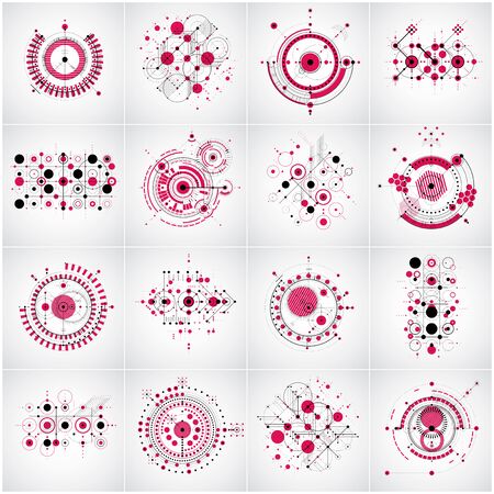 Set of vector abstract backgrounds created in Bauhaus retro style. Collection of geometric backdrops. Engineering technological wallpapers made with circles can be used as templates and layouts.のイラスト素材