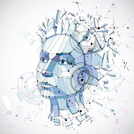 3d vector low poly portrait of a smart woman, human thoughts metaphor. Artistic background made using modern technology style visual elements, mechanical scheme parts and connected lines.のイラスト素材