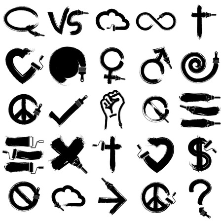 Vector hand-drawn symbols set created with painting brush, different graphic elements isolated. Black and white icons made on religion, love, communication and business themes.のイラスト素材