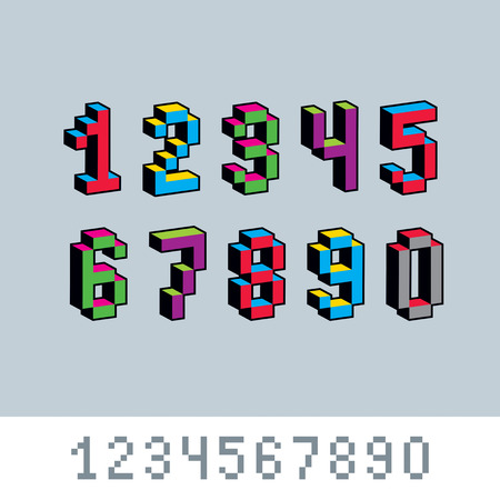 Vector digits, numerals created in 8 bit style. Pixel art numbers set, 3d mathematics design elements.のイラスト素材