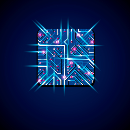 Collection of vector microchip design, cpu. Information communication technology element with sparkles, blue neon luminescent circuit board in the shape of square.のイラスト素材