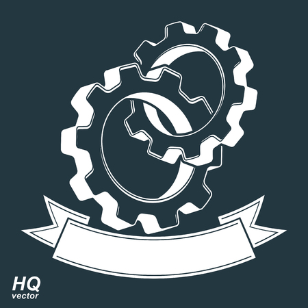 Vector 3d conceptual industry system design element, cog wheels merged, gears with a decorative curvy ribbon. Best engineering project award conceptual symbol.のイラスト素材