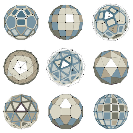Set of abstract 3d faceted figures with connected lines. Vector low poly design elements collection, scientific concept. Cybernetic orb shapes with grid and lines mesh, network structure.のイラスト素材