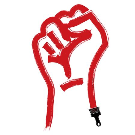 Vector brushed illustration of clenched fist held in protest, hand gesture expressing strength and aggression. Conflict conceptual drawing created with brushstrokes.のイラスト素材