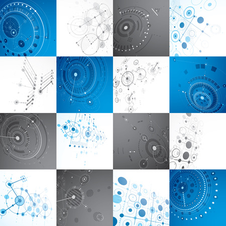 Set of 3d vector abstract backgrounds created in Bauhaus retro style. Modern geometric composition can be used as templates and layouts. Engineering technological wallpapers made with circles.のイラスト素材