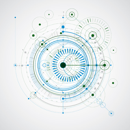 Mechanical scheme, blue and green vector engineering drawing with circles and geometric parts of mechanism. Technical plan can be used in web design and as wallpaper.のイラスト素材