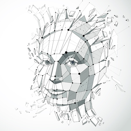 Face of a thinking woman created in low poly style and with connected lines, 3d vector grayscale wireframe human head, brain exploding which symbolizes intelligence and imagination.のイラスト素材