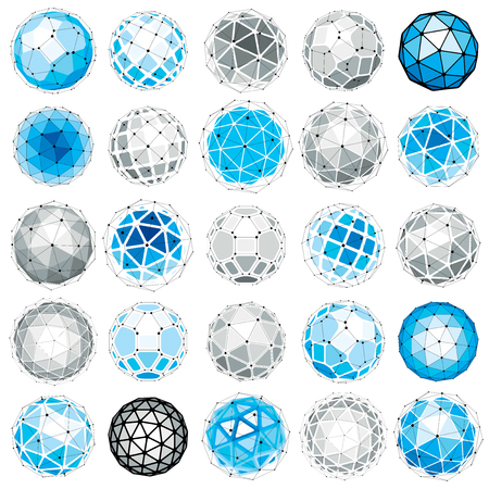 Set of vector low poly spherical objects with connected lines and dots, 3d geometric wireframe shapes. Perspective trigonometry facet orbs created with triangles, squares and pentagons.のイラスト素材