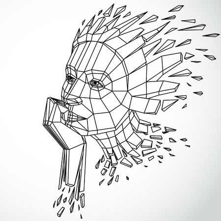 3d vector illustration of human head created in low poly style. Face of pensive female, smart personality. Intelligence allegory, artistic deformed object broken into splinters and fragments.のイラスト素材