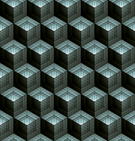Monochrome abstract textured geometric seamless pattern with 3d geometric figures. Vector black and white textile backdrop.のイラスト素材