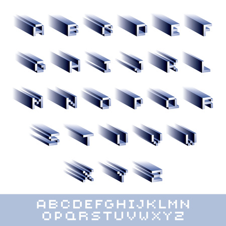 Vector modern tech alphabet letters set. Geometric pixilated digital font, 3d dotted 8 bit characters.のイラスト素材