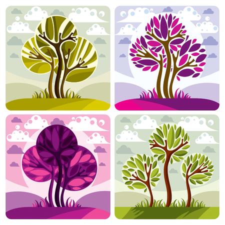 Green and purple trees placed on cloudy background. Environment and ecology idea vector image. Vector illustration of tree on beautiful spring landscape.のイラスト素材