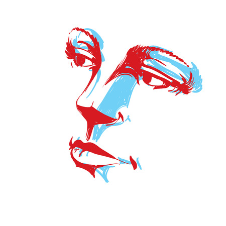 Colorful silhouette of romantic attractive lady, face features. Hand-drawn vector illustration of woman visage, outline.のイラスト素材