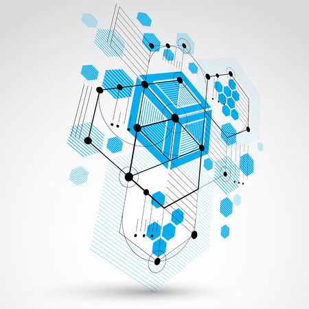 Modular Bauhaus 3d vector background, created from geometric figures like hexagons, circles and lines. For use as advertising poster or banner design. Abstract mechanical scheme made in blue color.のイラスト素材