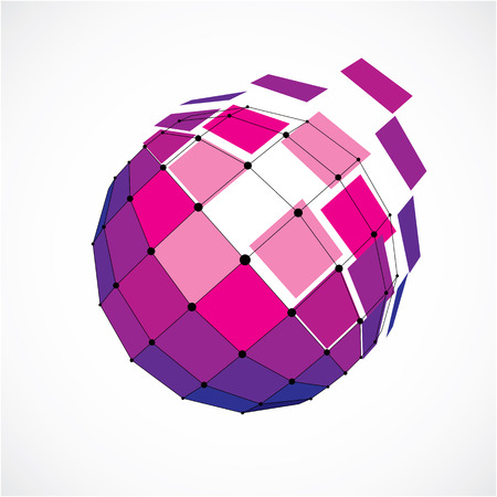 3d vector low poly spherical object with black connected lines and dots, geometric purple wireframe shape. Perspective facet orb created with squares.のイラスト素材