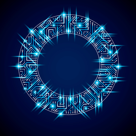 Vector sparkling circuit board circle, digital technologies abstraction. Blue shine computer microprocessor scheme, neon futuristic design.のイラスト素材