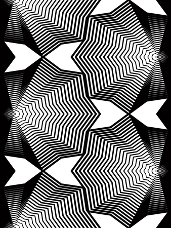 Geometric monochrome stripy seamless pattern, black and white vector abstract background. Graphic symmetric backdrop.のイラスト素材