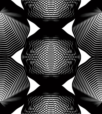 Geometric monochrome stripy overlay seamless pattern, black and white vector abstract background. Graphic symmetric kaleidoscope backdrop.のイラスト素材