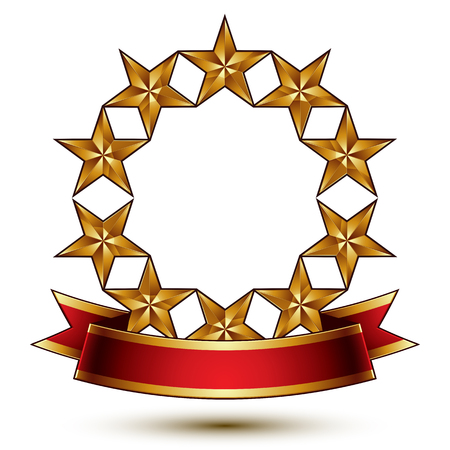 Glamorous vector template with pentagonal golden stars, best for use in web and graphic design. Conceptual heraldic icon with red curved ribbon, clear eps8 vector.のイラスト素材