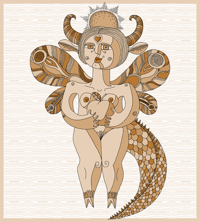 Nude woman with an apple graphic vector illustration. Eve conceptual hand drawn art image, love and fertility theme. Naked female isolated on white.のイラスト素材