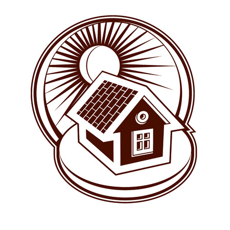 Real estate concept. Illustration of house on sunset background, vector design element. Simple house and daybreak landscape, can be used in advertising and graphic design.のイラスト素材