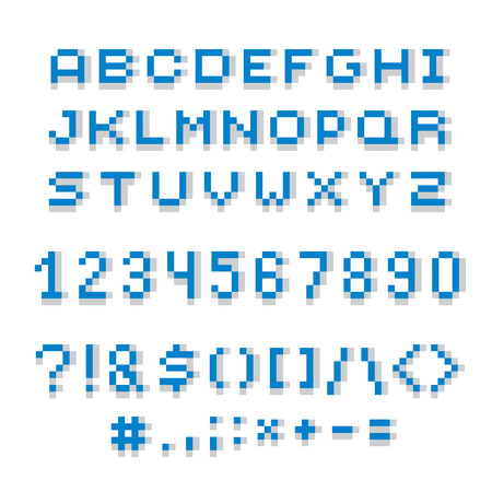 Cybernetic 3d numbers, letters and punctuation marks, pixel art vector numeration. Pixel design elements, contemporary digital typescript made in technology style.のイラスト素材