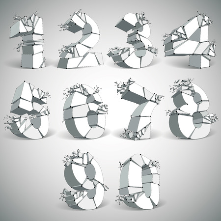 Abstract 3d faceted monochrome numbers with connected black lines and dots. Set of vector low poly shattered design elements with fragments and particles. Explosion effect, thread objects.のイラスト素材