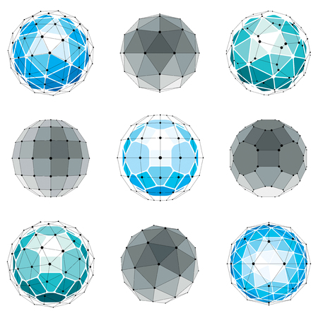 3d vector digital wireframe spherical objects made using different geometric facets. Polygonal orbs created with lines mesh. Low poly shapes collection, lattice forms for use in web design.のイラスト素材