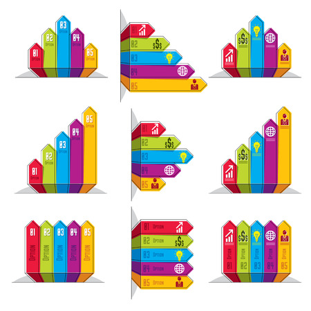 Vector set of different color infographic elements with five banners, composition of five ribbons visual presentation of options.のイラスト素材