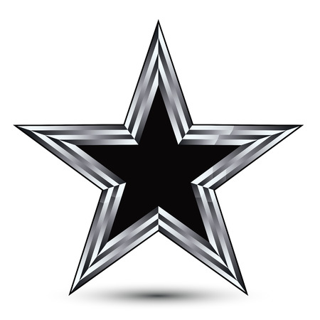 Vector stylized symbol isolated on white background.  Glamorous black star with silver outline, clear EPS 8, pentagonal decorative 3d insignia. Reward conceptual icon.のイラスト素材