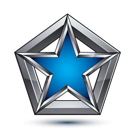 Silvery blazon with pentagonal blue star, can be used in web and graphic design, clear EPS 8 vector. Heraldic silver symbol, 3d coat of arms.のイラスト素材