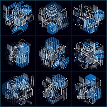 Lines and shapes abstract vector isometric 3d backgrounds. Layouts of cubes, hexagons, squares, rectangles and different abstract elements. Vector collection.のイラスト素材