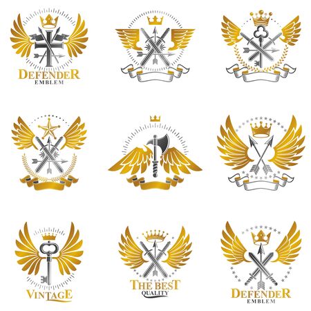 Vintage Weapon Emblems set. Heraldic coat of arms decorative emblems collection.のイラスト素材