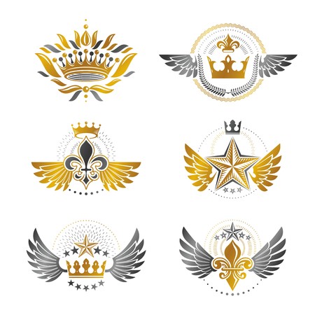 Royal Crowns and Ancient Stars emblems set. Heraldic Coat of Arms decorative logos isolated vector illustrations collection.のイラスト素材