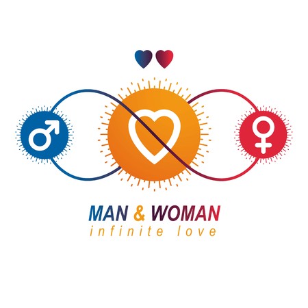 Love Couple conceptual logo, unique vector symbol. Male and Female, Mars and Venus signs. Interaction between loving people.のイラスト素材