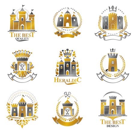 Ancient Castles emblems set. Heraldic Coat of Arms decorative logos isolated vector illustrations collection.のイラスト素材