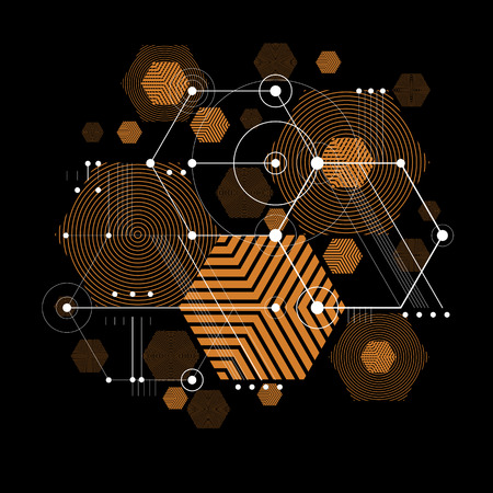 Bauhaus art, decorative modular vector wallpaper made using striped hexagons and circles. Retro style pattern, graphic backdrop for use as booklet cover template. Illustration of engineering system.のイラスト素材