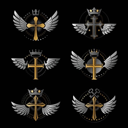 Crosses Religious emblems set. Heraldic Coat of Arms, vintage vector logos collection.のイラスト素材