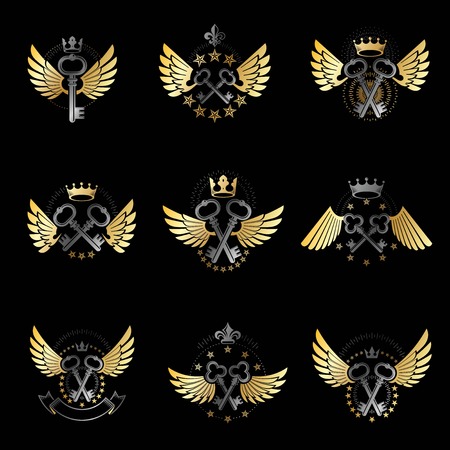 Old Turnkey Keys emblems set. Heraldic vector design elements collection. Retro style label, heraldry logo.のイラスト素材