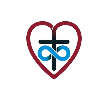 Immortal God Christian Love conceptual logo design combined with infinity loop sign and Christian Cross and heart, vector creative symbol.のイラスト素材
