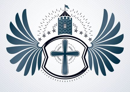 Vintage decorative heraldic vector emblem composed with Christian religious cross, eagle wings and medieval strongholdのイラスト素材